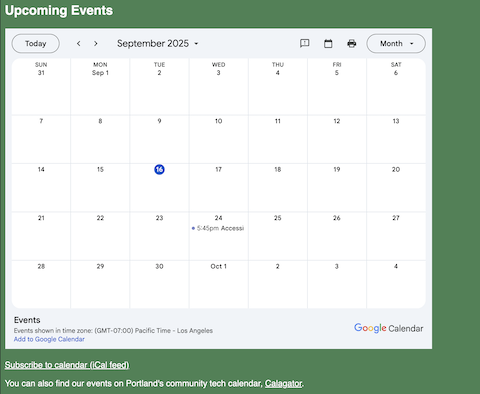Site using default styles: page background is green, page text is white, links are white and underlined; calendar widget background is white, and calendar text is black
