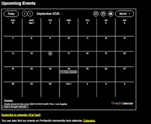 Same site with forced-colors mode active using a dark background and light text; all backgrounds are black, all text is white, links are yellow (and still underlined)