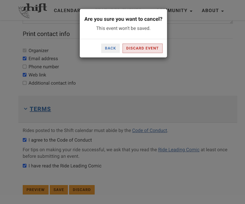 Web form with warning modal dialog on top; drop shadow clearly separates modal from underlying page