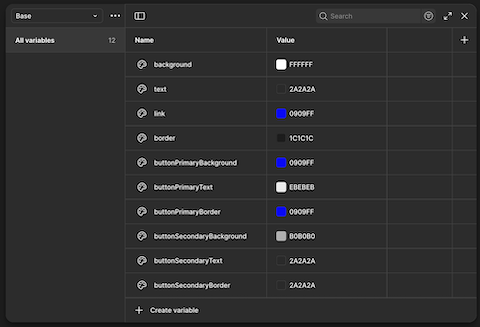 Figma Variables window displaying 'Base' collection of variables. There are different definitions for backgrounds, text, links, and borders with primary and secondary variations