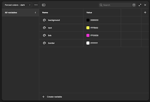 Figma Variables window displaying 'Forced colors - dark' collection of variables. There are only 4 definitions, 1 each for background, text, link, and border