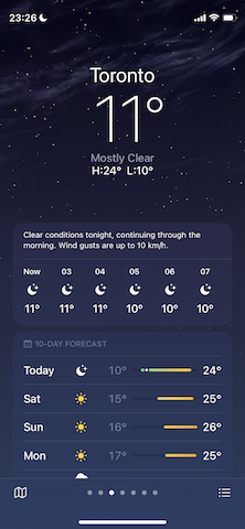 Apple Weather app showing same info, but with 80% text size. Current temperature and conditions are the same, but hourly weather is smaller. Forecast now shows 4+ days.