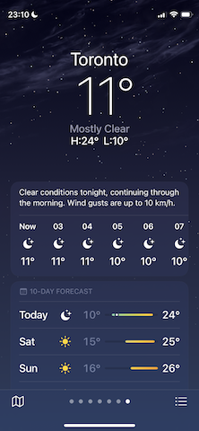 Apple Weather app showing Toronto weather: shows current temperature and conditions, hourly weather for next 6 hours, and forecast for today and next 2 days.