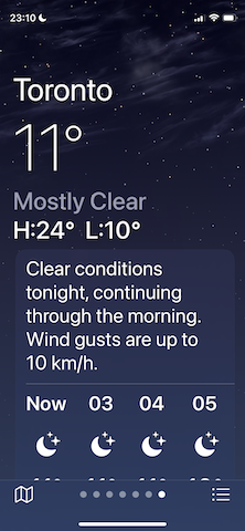 Apple Weather app showing same info, but with 200% text size. Current temperature and conditions are larger and now left-justified instead of center-justified. Only 4 hours of hourly weather is visible; forecast for future days has been pushed off-screen.