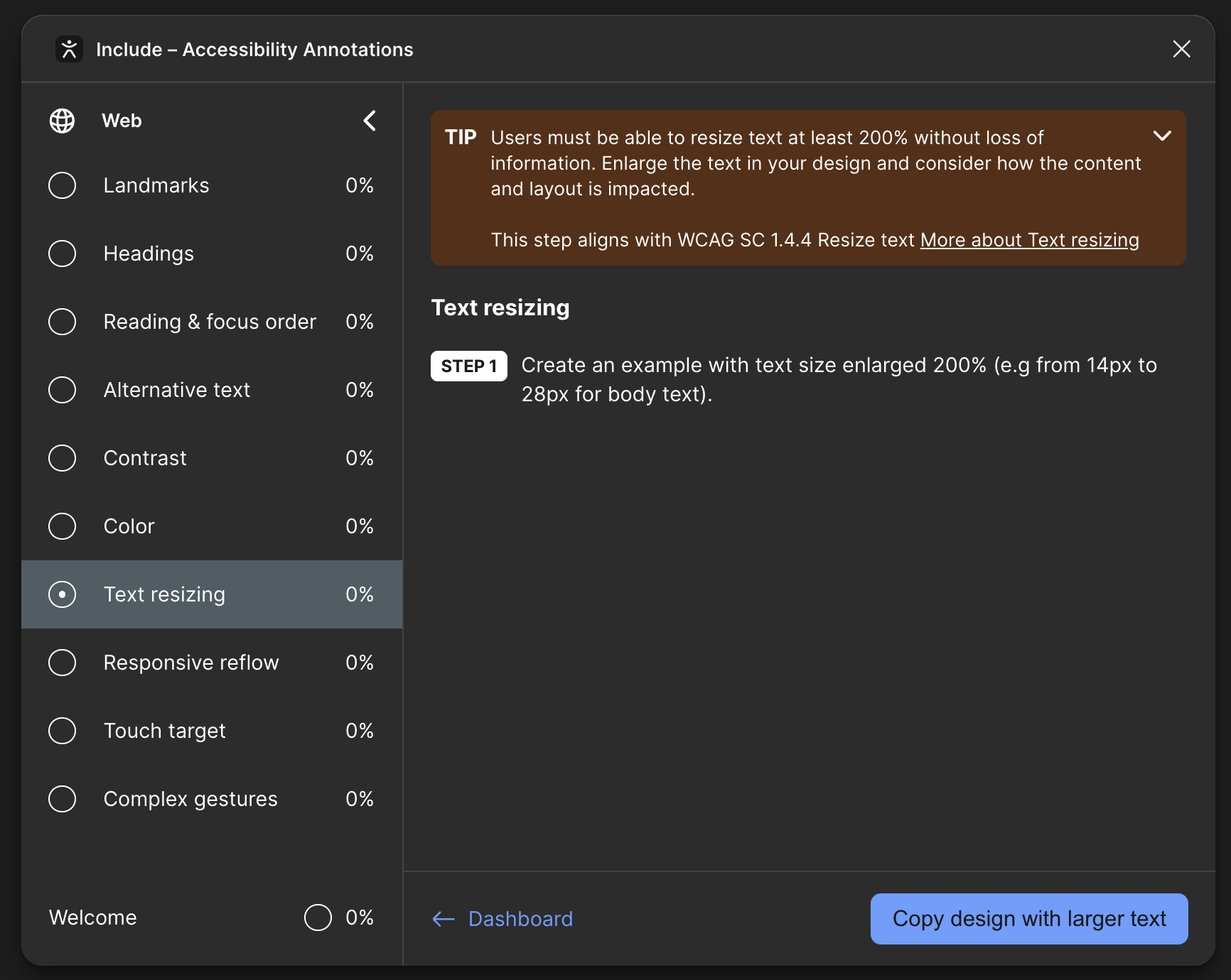 eBay Include plug-in for Figma with Text Resizing option selected. Guided instructions: 'Create an example with text size enlarged 200% (e.g from 14px to 28px for body text).' Button to continue is labeled 'Copy design with larger text.'